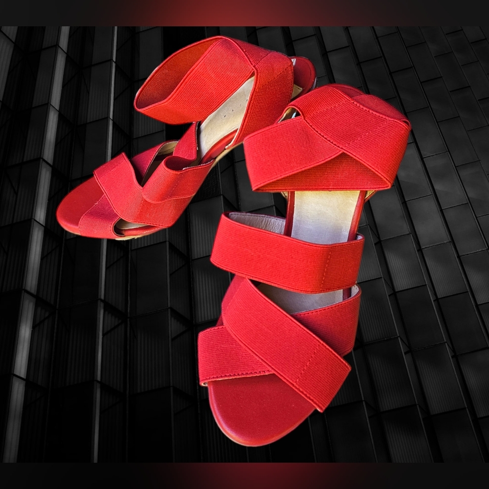 Leith Clear Block Acrylic Heel Red Sandals Elastic Ankle Strap 6 M - Picture 3 of 6